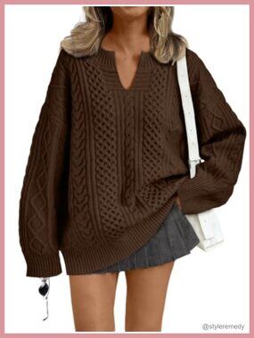 Oversized Cable Knit Sweater Women V-Neck Pullover
